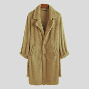Mens Long Overcoat Thick Plush Fabric Notched Lapel Button Closure Autumn Winter Wear
