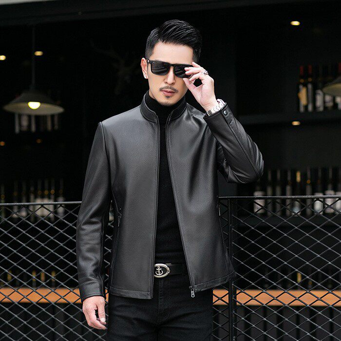 Áo Khoác Da Cừu Nam Dáng Ôm Phong Cách Moto Màu Đen