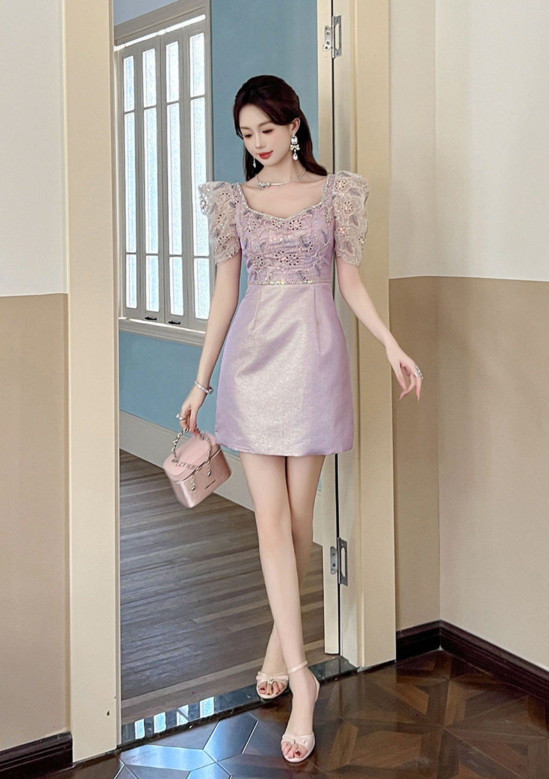 Đầm ren tím hoa nhí cổ vuông tay bồng dáng chữ A — [Tím nhạt] chi tiết 10