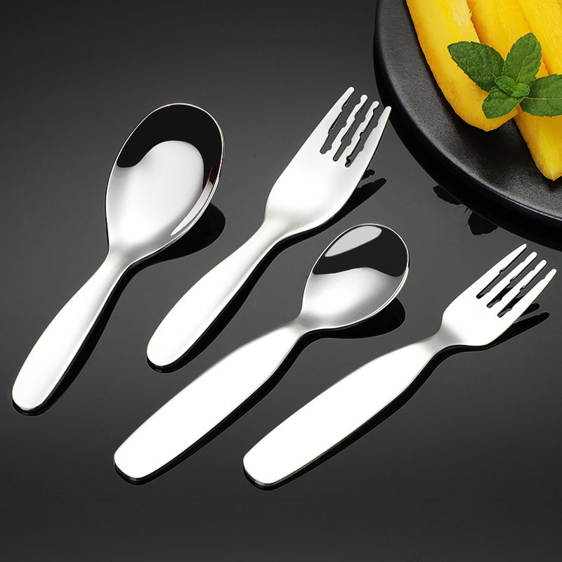 Cross-Border 304 Stainless Steel Kidsren's Spoon and Fork Baby Short Handle Food Supplement Tableware Eating Spoon Wide Handle Flats Spoon