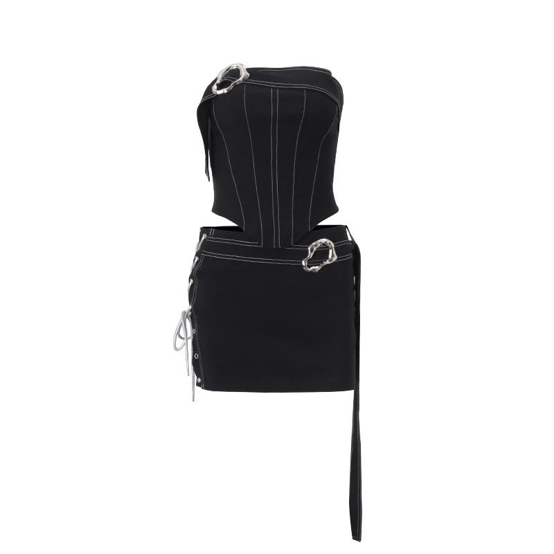 Womens Sexy Strapless Asymmetrical Top Slim Fit Trendy American Street Style Matching Bodycon Mini Skirt Set