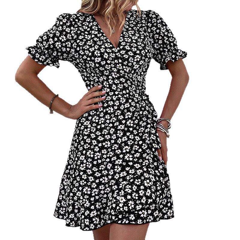 Vintage Floral Ruffle Hem Dress Sweet Style Summer Wear Comfortable Fabric Available for Wholesale