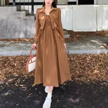 Plus Size Women's Autumn New Style Slimming Look Long-Sleeved Popular Cardigan Suspender Mid-Length Dress Two-Piece Set for Women