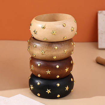 European and American Cross-Border Creative Rivet Wide Wood Bracelet Fashion Light Luxury High-End Bracelet Exaggerated Versatile Hand Jewelry for Women