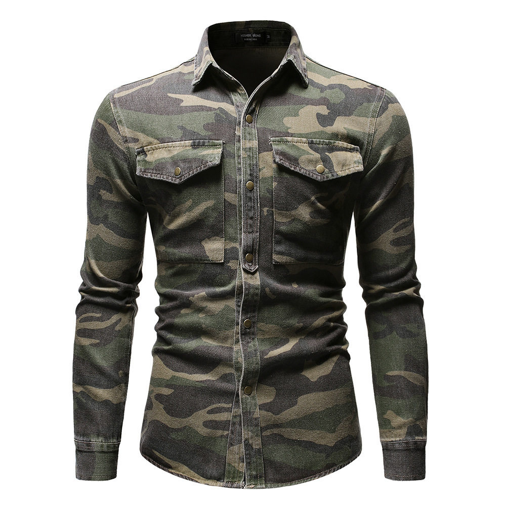 men's military green camouflage denim shirt outdoor hiking denim top