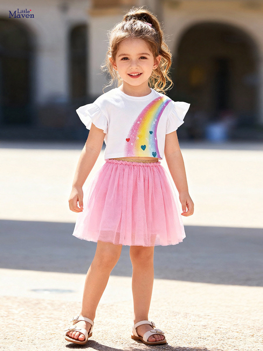 Girls' Summer Stylish Set, Style Mesh Dress Outfit, Cute Baby Wear