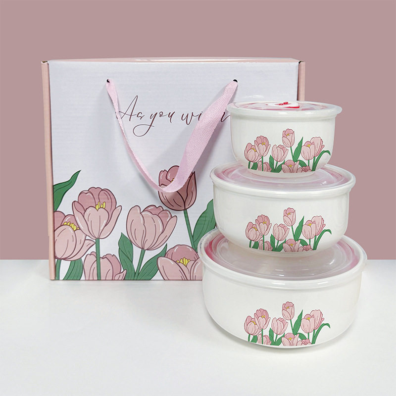 Ceramic Fresh-keeping Bowl Three-piece Set Sealed Lunch Box Creative Gift Set Bowl Opening Activities Promotional Return with Printed LOGO