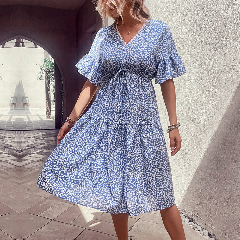 Summer Floral V Neck Dress Fresh and Sweet Style Blue Color Perfect for Casual Outings Wholesale Available