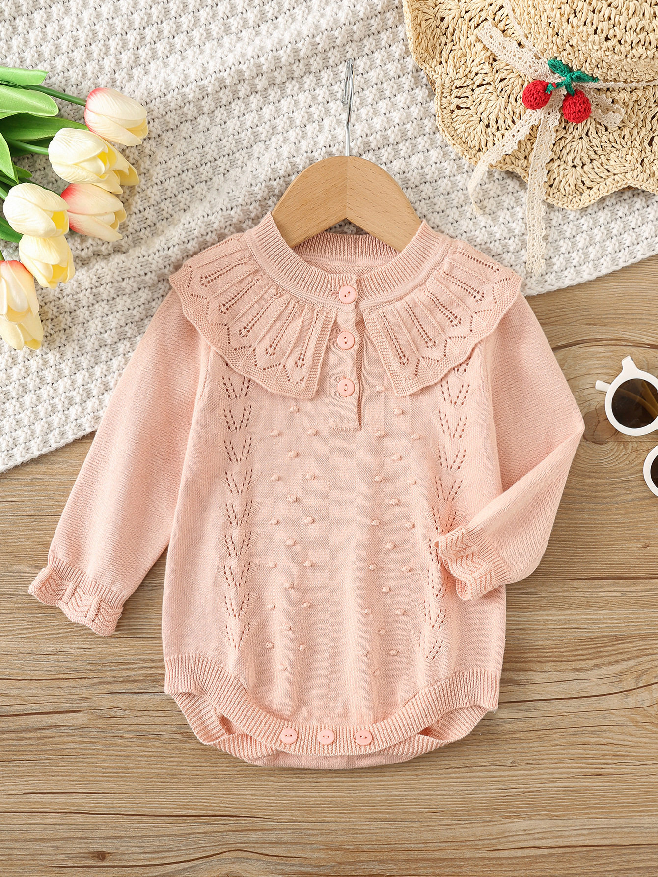 children's clothing baby girl knitted sweater jumpsuit lotus leaf collar rompers for girls spring and autumn long-sleeved triangle rompers