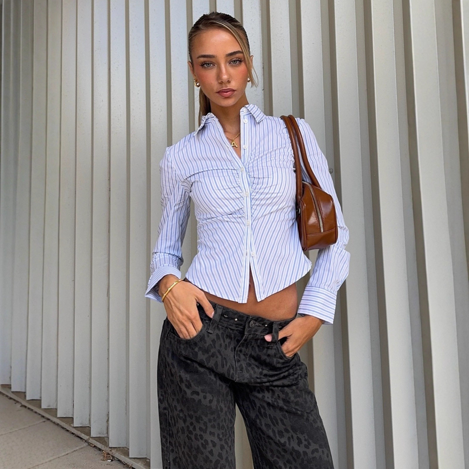 Womens Striped Long Sleeve Polo Cardigan Button Closure Elegant Design Fall Fashion Wholesale Available