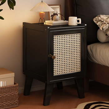 Bedside Table with a Light Luxury and High-End Feel, Simple Bedroom Room Bedside Cabinet, Side Table with Plastic Rattan Organizer Storage Rack