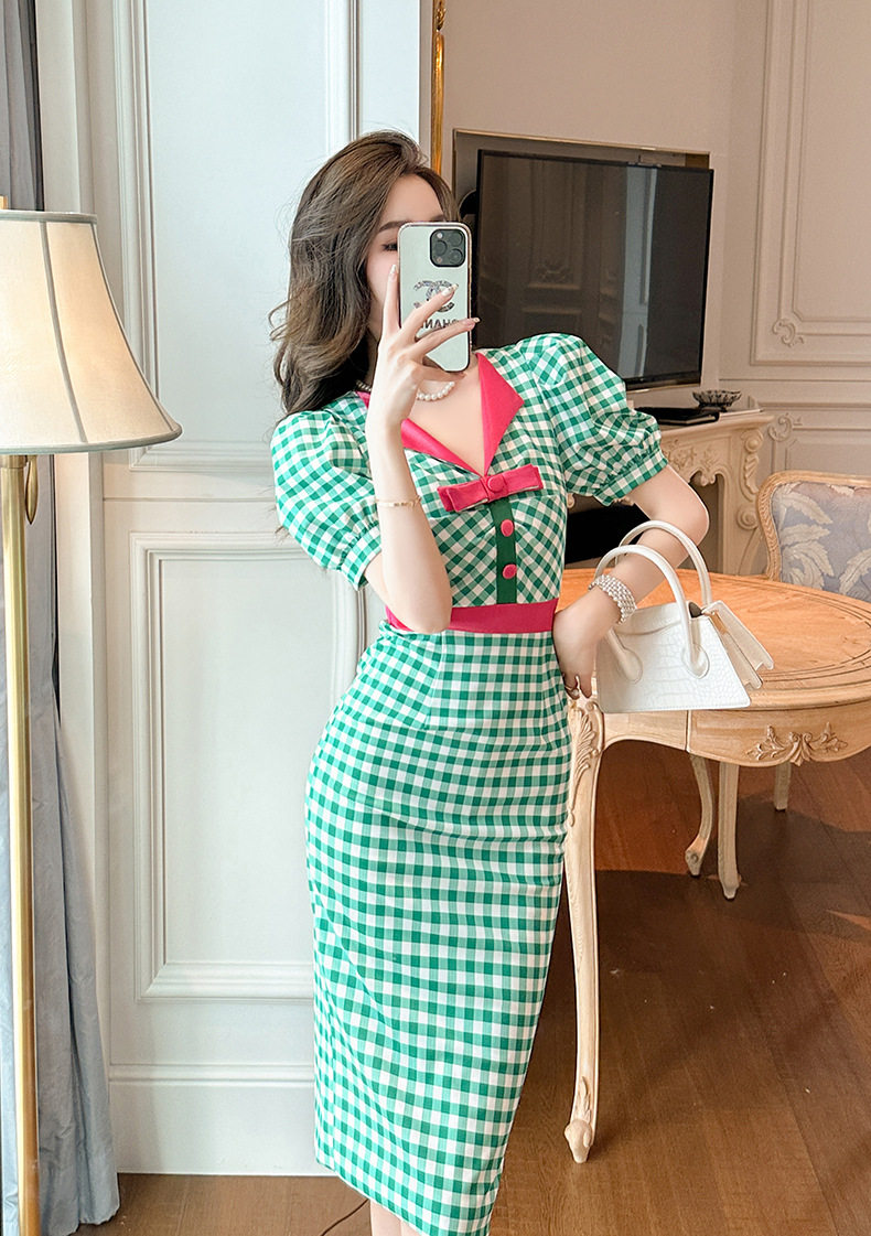 Đầm maxi nữ cổ V họa tiết kẻ ô xanh phong cách phương Tây — [Kẻ ô xanh] chi tiết 4