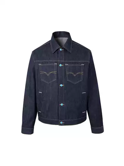 Denim Blue Lapel Faux Turquoise Straight-Shoulder Denim Jacket for Men, Spring and Autumn Season, with Visible Stitching Design, Oversized Short Jacket
