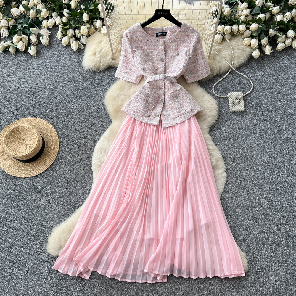 Chic Sequin Pleated A Line Dress Round Neck Waist Defining Summer Style Elegant for Work or Casual Events Wholesale