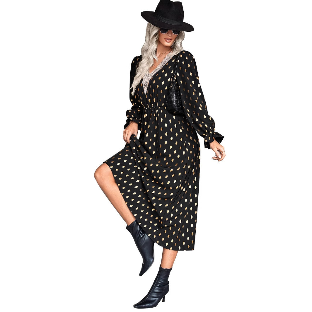 V Neck Polka Dot Dress Elegant Style Trendy Design Suitable for Casual or Party Wear Wholesale Available