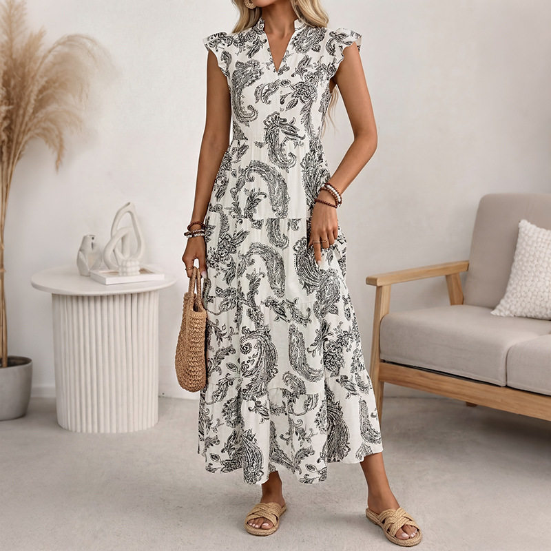 Casual Floral Print V Neck Short Sleeve Cake Dress Bohemian Style Perfect for Summer Vacations Wholesale Available