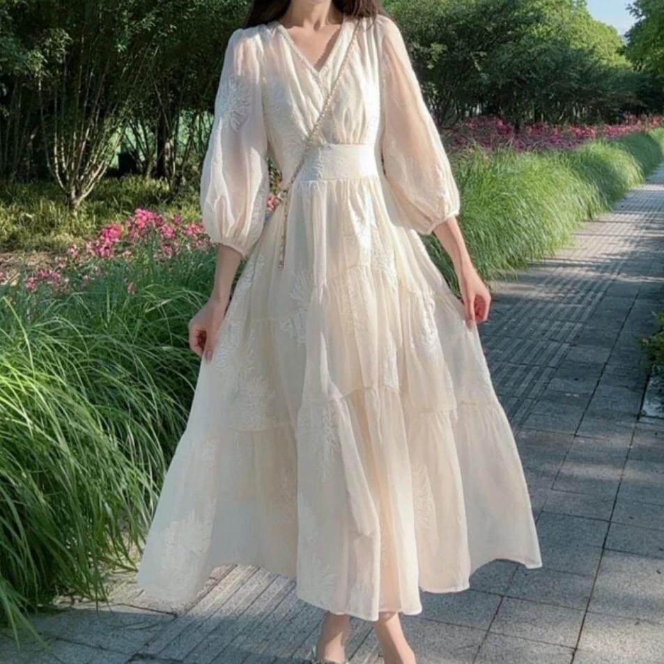 Summer Vintage French Style Embroidered Lantern Sleeve Dress Loose Fit Unique Design Bohemian Aesthetic Perfect for