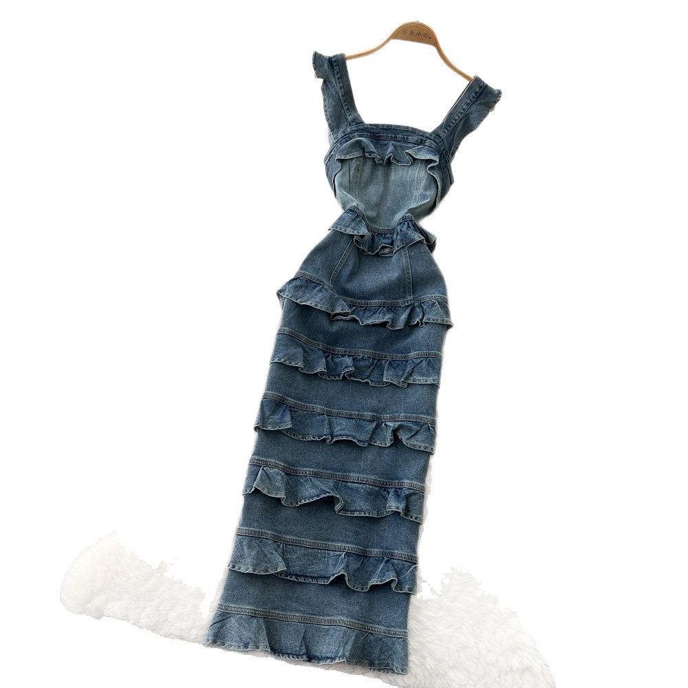 Blue Denim Ruffle Hem Cami Dress French Romantic Style Square Neck Slim Fit Summer Fashion for Women Wholesale