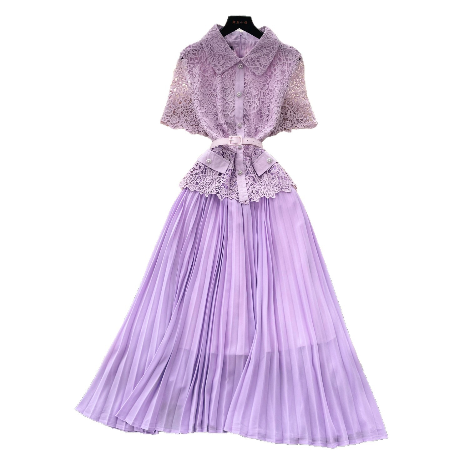 A Line Lace Panel Dress Summer Waist Defining Pleated Elegant Perfect for Work or Casual Occasions Wholesale