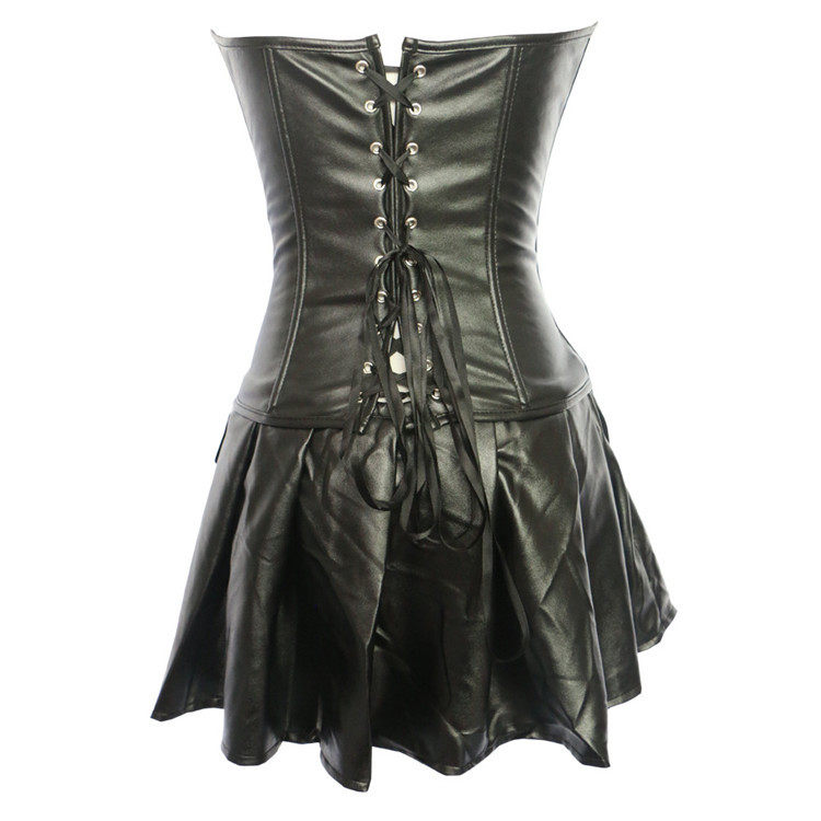 Women's Leather Corset Bodysuit with Zipper, Tummy Control, Gathered Design, High-Waisted, and Separate Skirt Set