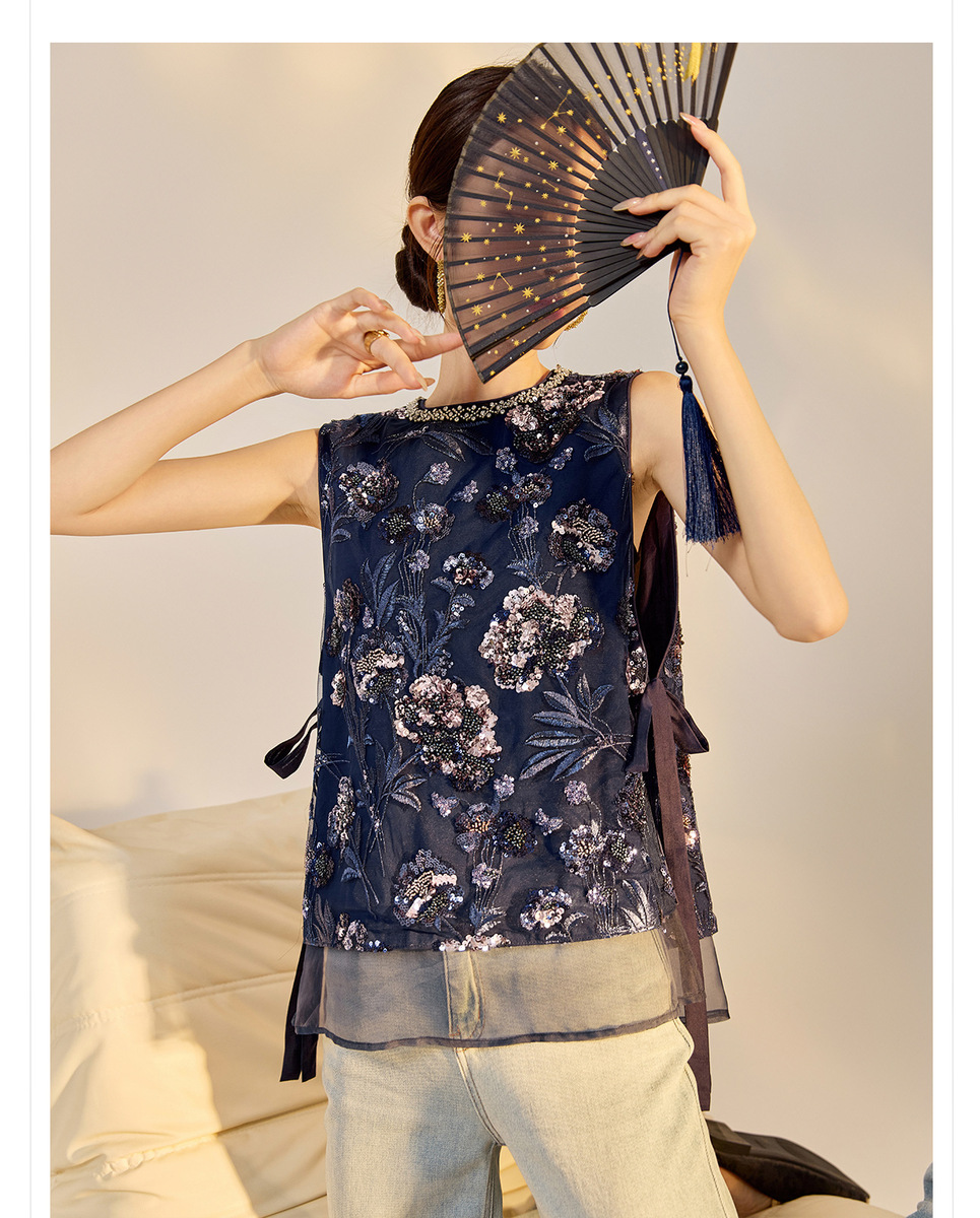 Áo vest nữ thêu cườm đính đá cổ tròn phối hoa văn — Jiyue Blue (giao hàng trong 7 ngày), Jiyue Blue (phát hành cùng ngày)