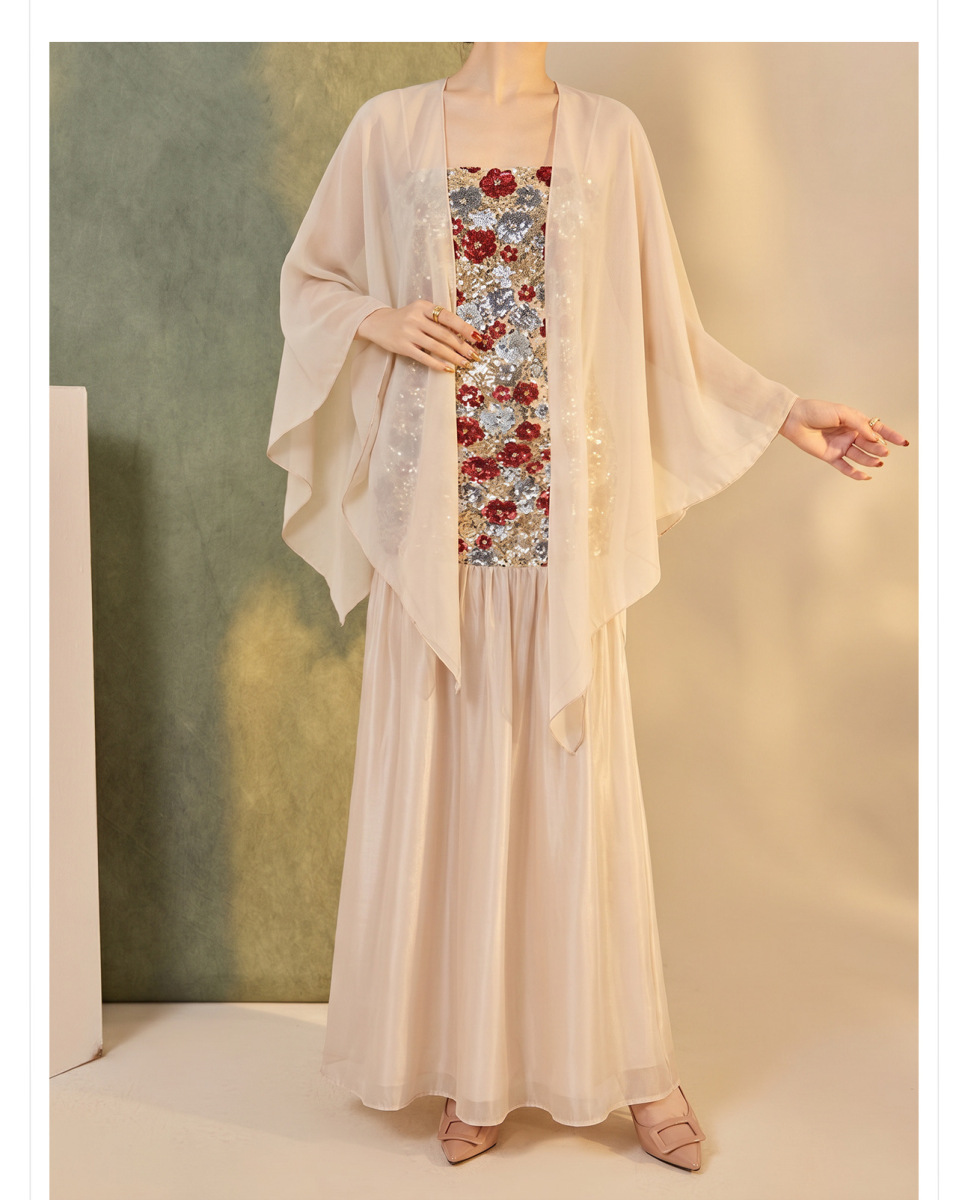 Bộ đầm hai dây thêu hoa kèm khăn choàng cardigan dáng dài — Khăn choàng màu be (giao hàng trong 7 ngày), Váy hai dây (giao hàng trong 7 ngày), Váy hai dây (giao hàng trong ngày), Bộ sản phẩm (giao hàng trong 7 ngày)