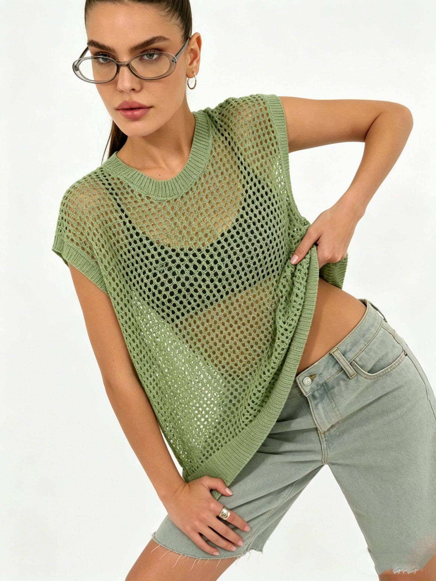 Lace Knit Sweater Vest Lightweight Sheer Round Neck Spring Summer Fall Fashion Wholesale Available