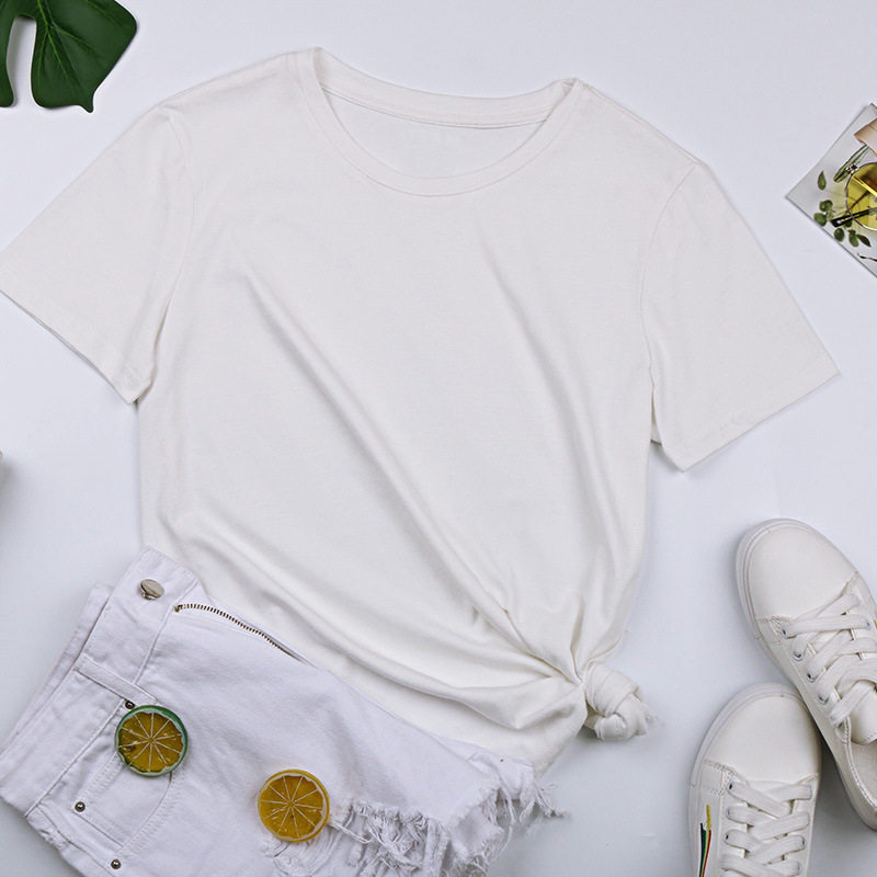 Womens Basic Round Neck Short Sleeve T Shirt 100 Cotton Solid Color Summer Style Wholesale Available
