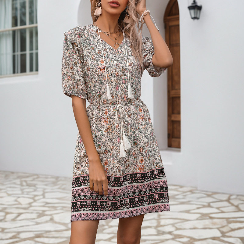 Vintage Bohemian Floral Maxi Dress Slim Fit V Neck Tassel Detail Perfect for Summer Events Wholesale Available
