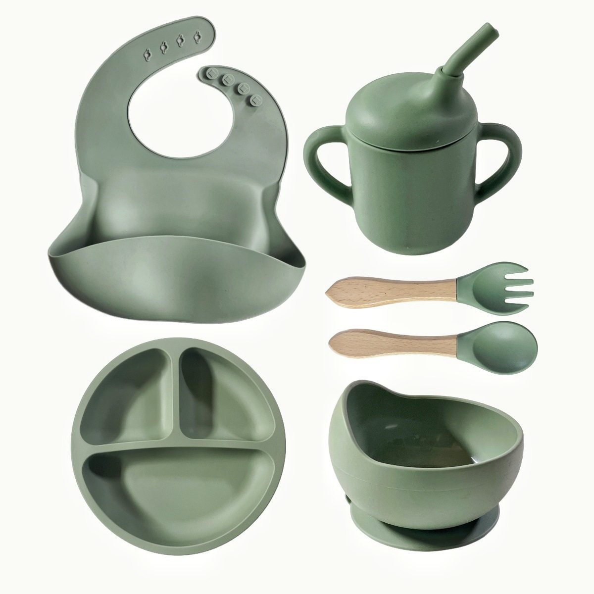 Bib Silicone Dinner Plate Bowl Drinking Cup Fork Spoon Silicone Tableware Six-piece Baby Feeding Tableware BPA Free