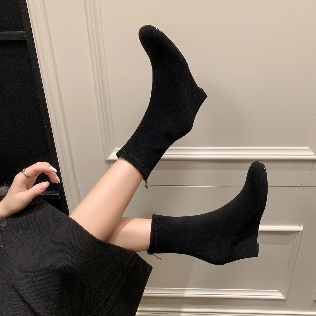 Boot nữ cổ thấp ôm chân gót xuồng 8cm khóa kéo sau — Lớp lót đơn màu đen, Lớp lót đơn màu kaki, Lót nhung đen, Lót nhung màu kaki