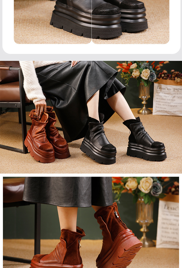 Boot nữ cổ thấp da bò thật đế dày phong cách cổ điển — màu đen, nâu