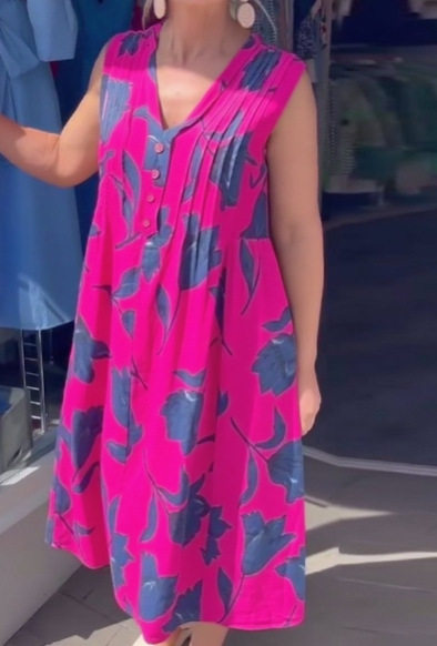 Summer Floral V Neck Button Sleeveless Dress Loose Fit Casual Style Perfect for Everyday Wear Wholesale Available