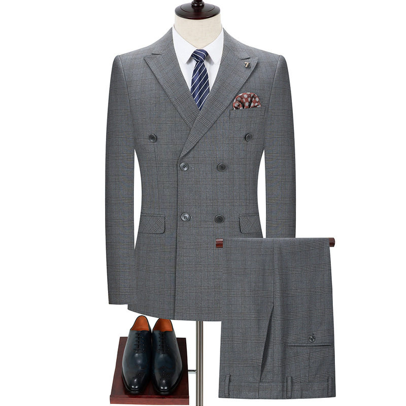 business casual side slit men's double-breasted striped plaid suit A966