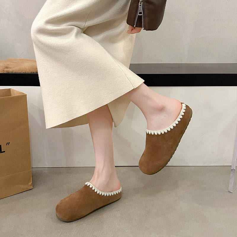 Exquisite and Fashionable~! Lace Atmosphere Fleece-Lined Birkenstock Slippers for Women Ins Outer Wear Warm Thick-Soled Woolen Cotton Slippers