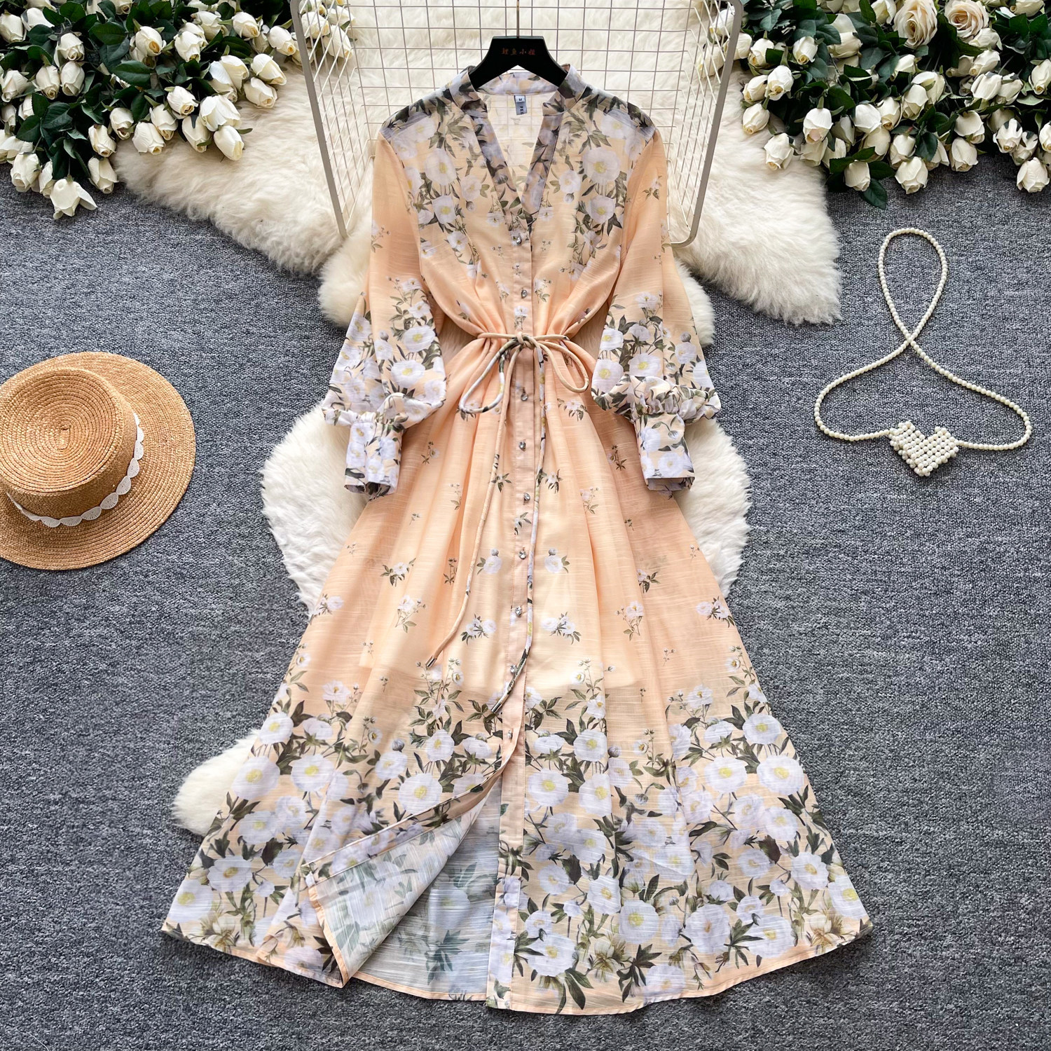 French Romantic Floral Print Long Sleeve V Neck Maxi Dress Slim Fit Waist Tie Flared Hem Perfect for Vacations