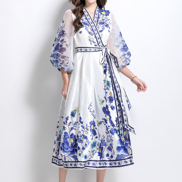 Vintage Inspired V Neck Lantern Sleeve Dress Crossed Waist Tie Sheer Fabric Floral Print Flared Hem Elegant Evening