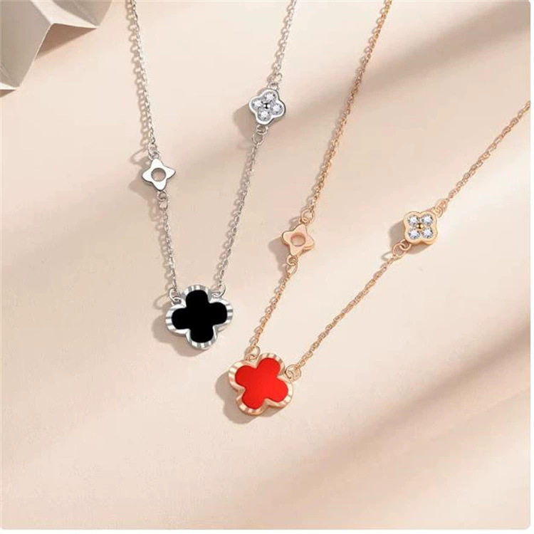 Four-leaf Clover Necklace Women's Korean-style Ins Imitation Agate Clavicle Chain Fashionable All-match High-end Diamond-studded Zircon Pendant
