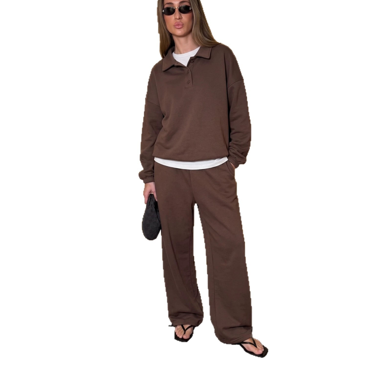 Womens Casual Two Piece Set Long Sleeve Polo Shirt Wide Leg Pants Stylish Sportswear for Everyday Wear Wholesale