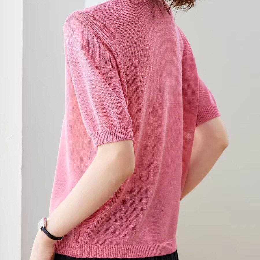 超好看钉珠v领短袖t恤女2026夏季新款漂亮薄款针织衫上衣