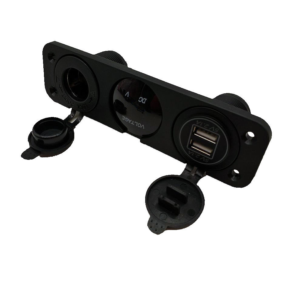 Universal 12-24V Three-In-One Rubber Plate Combination Car Charger with Dual USB and Cigarette Lighter Voltage Meter for Motorcycles and Cars