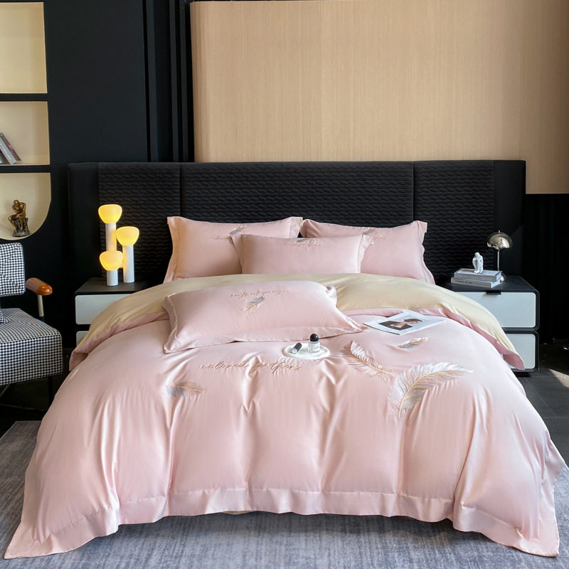 New Skin-Friendly Cotton Bed Set, Thickened Brushed Four-Piece Set, High-End Skin-Friendly Feather Embroidery Duvet Cover and Bed Sheet