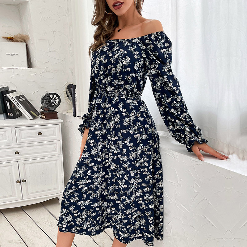 Blue Floral Off Shoulder Dress Long Sleeve Stylish Autumn Fashion Wholesale Available private label