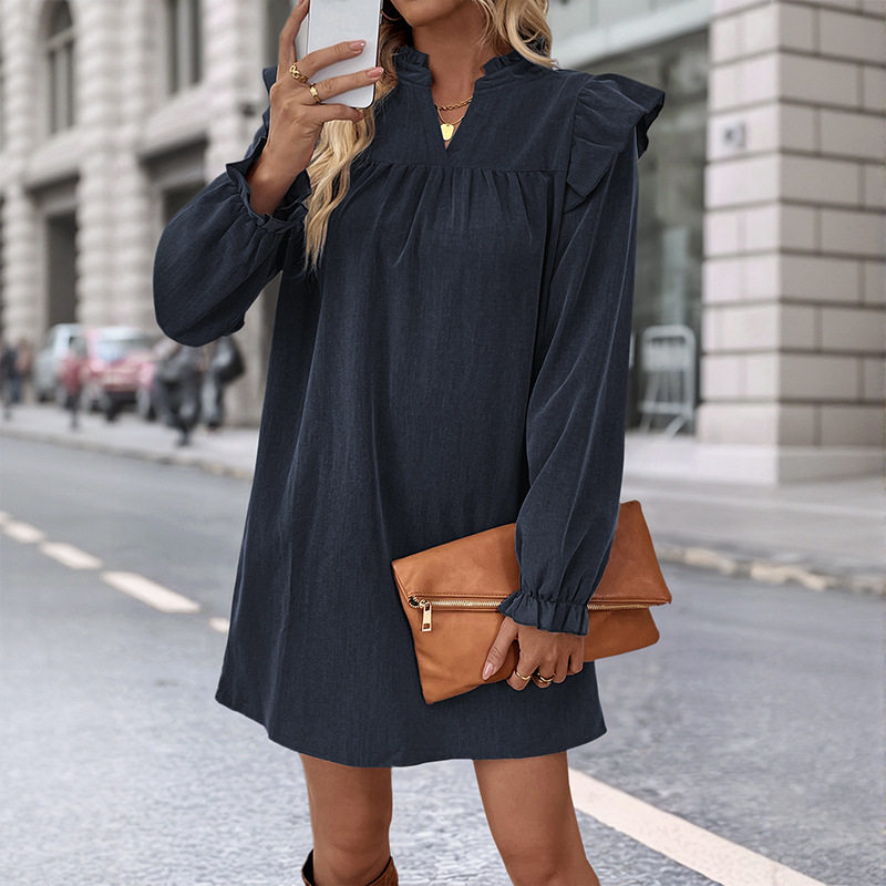 Long Sleeve Ruffle Hem Dress Loose Fit Solid Color Stand Collar Casual Wear Spring Fall Wholesale Available