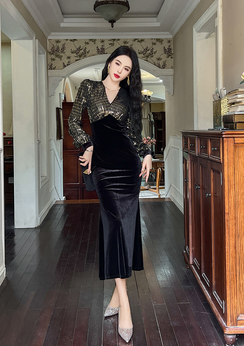 Đầm dài nhung phối sequin cổ chữ V dáng đuôi cá nữ — Xanh đá quý, Màu đen, Đỏ gỉ sắt