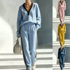 2026 Cross-Border E-Commerce Autumn Women's Casual Suit Color-Blocked V-Neck Long-Sleeved Sweatshirt Loose Pants Two-Piece Set