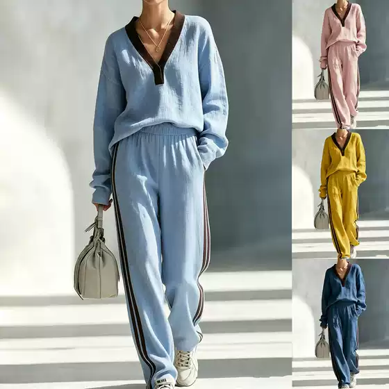 2026 Cross-Border E-Commerce Autumn Women's Casual Suit Color-Blocked V-Neck Long-Sleeved Sweatshirt Loose Pants Two-Piece Set