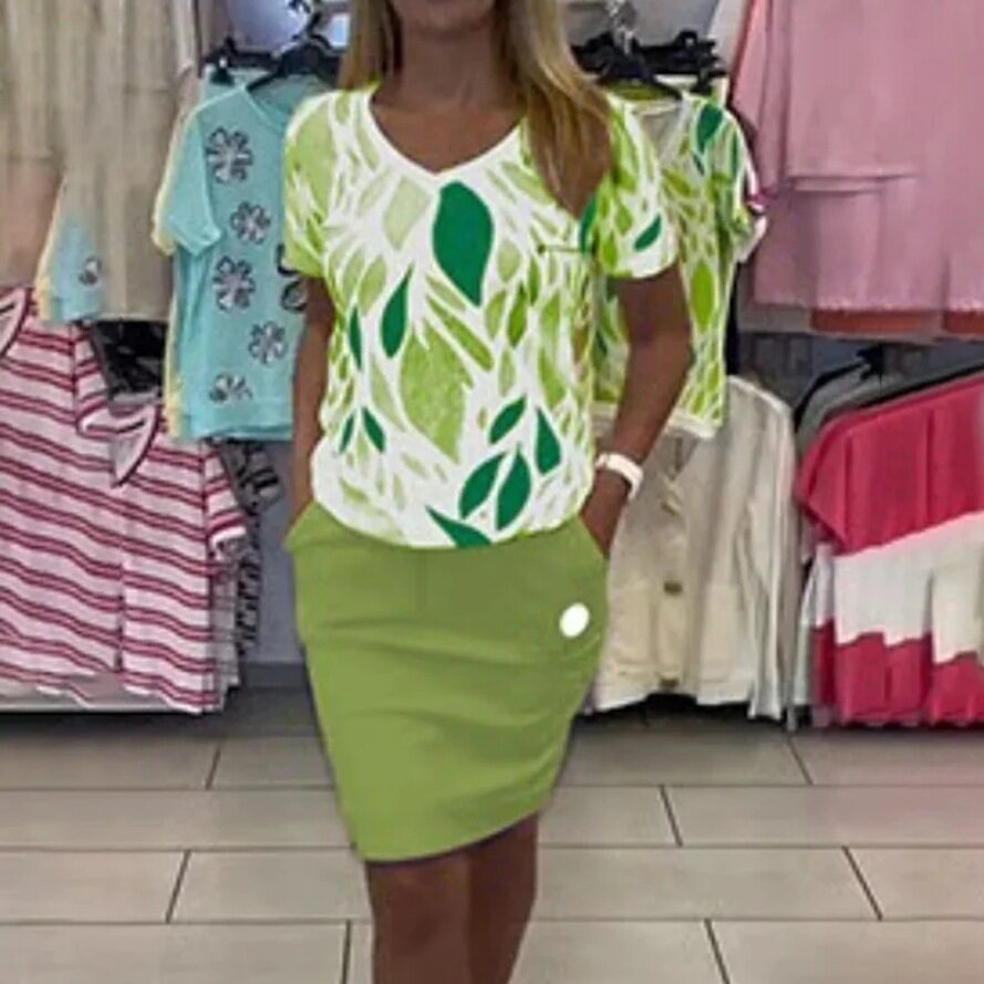 Womens Two Piece Set Printed Short Sleeve Top Round Neck Pocket Design Stylish Mini Skirt Autumn Fashion
