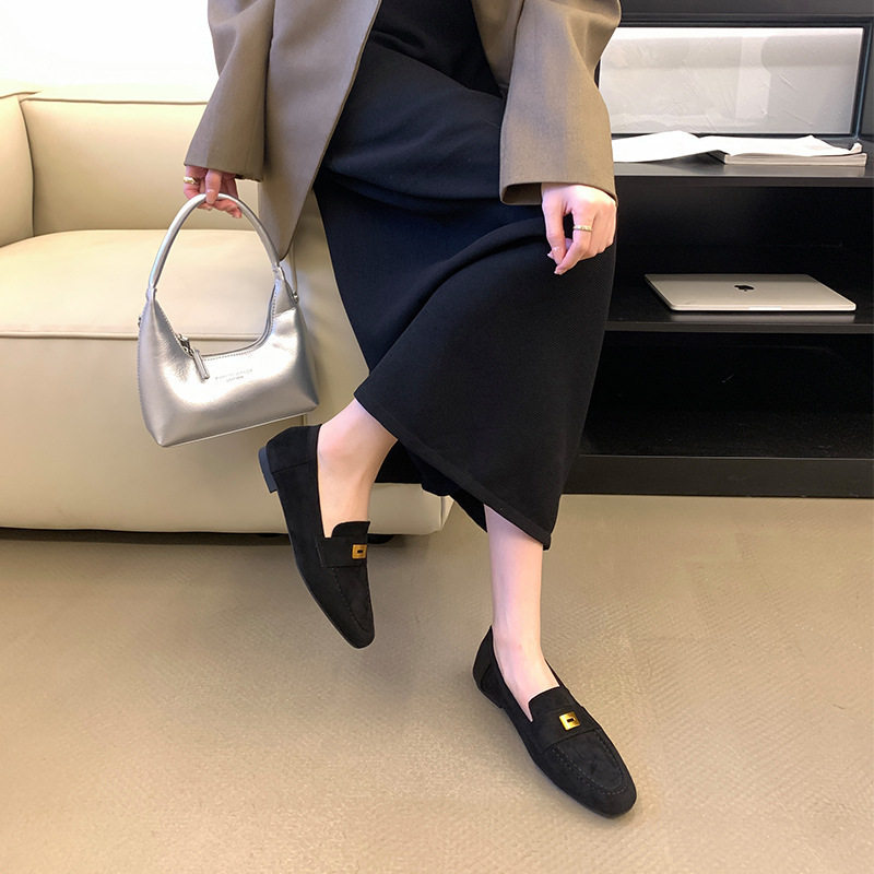 [Tax Not Included]Suede Metal Square Buckle Flat Loafers for Women, Spring and Autumn, Round Toe, Shallow Slip-On, Soft Sole, Bean Shoes