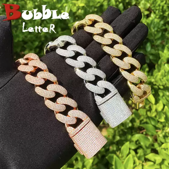 Cross-Border European and American Domineering New Micro-Paved Zircon Crescent Cuban Bracelet Hip-Hop 20mm Trendyy Men's Personalized Bracelet